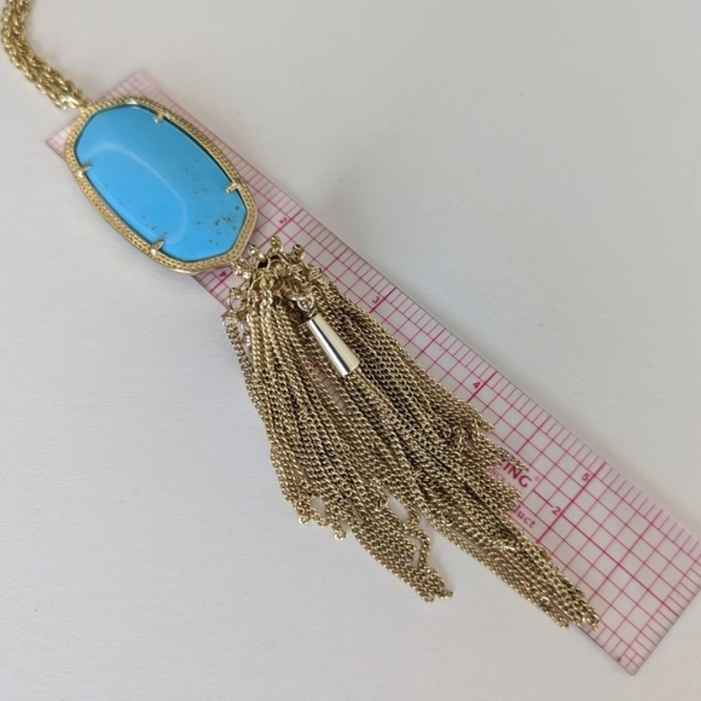 Kendra Scott Gold Necklace with Bright Turquoise Blue Pendant and Tassel - Picture 9 of 10